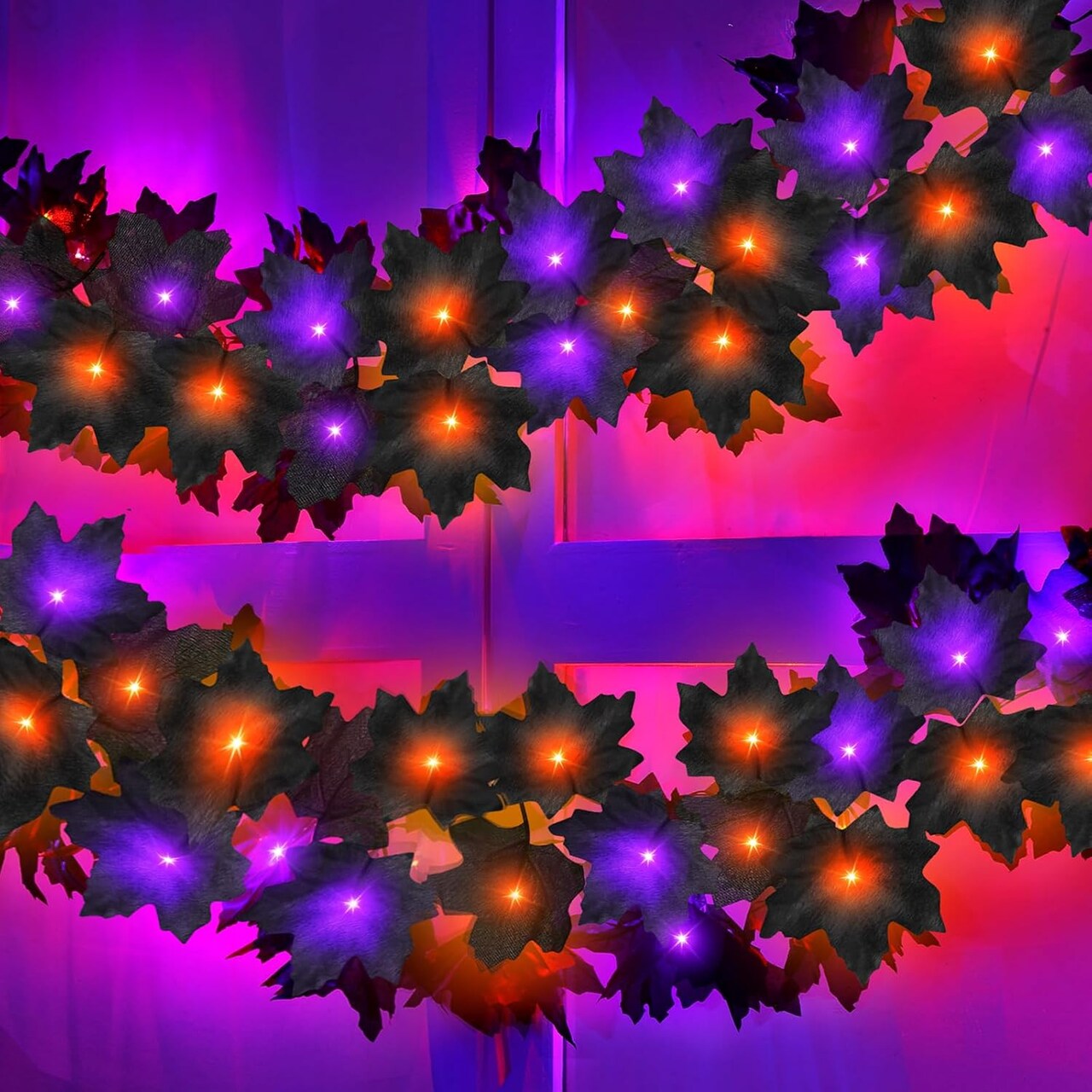 Timer & 2 Pack - Halloween Garland with Lights Total 12Ft 52LED Purple & Orange Lights (Black)